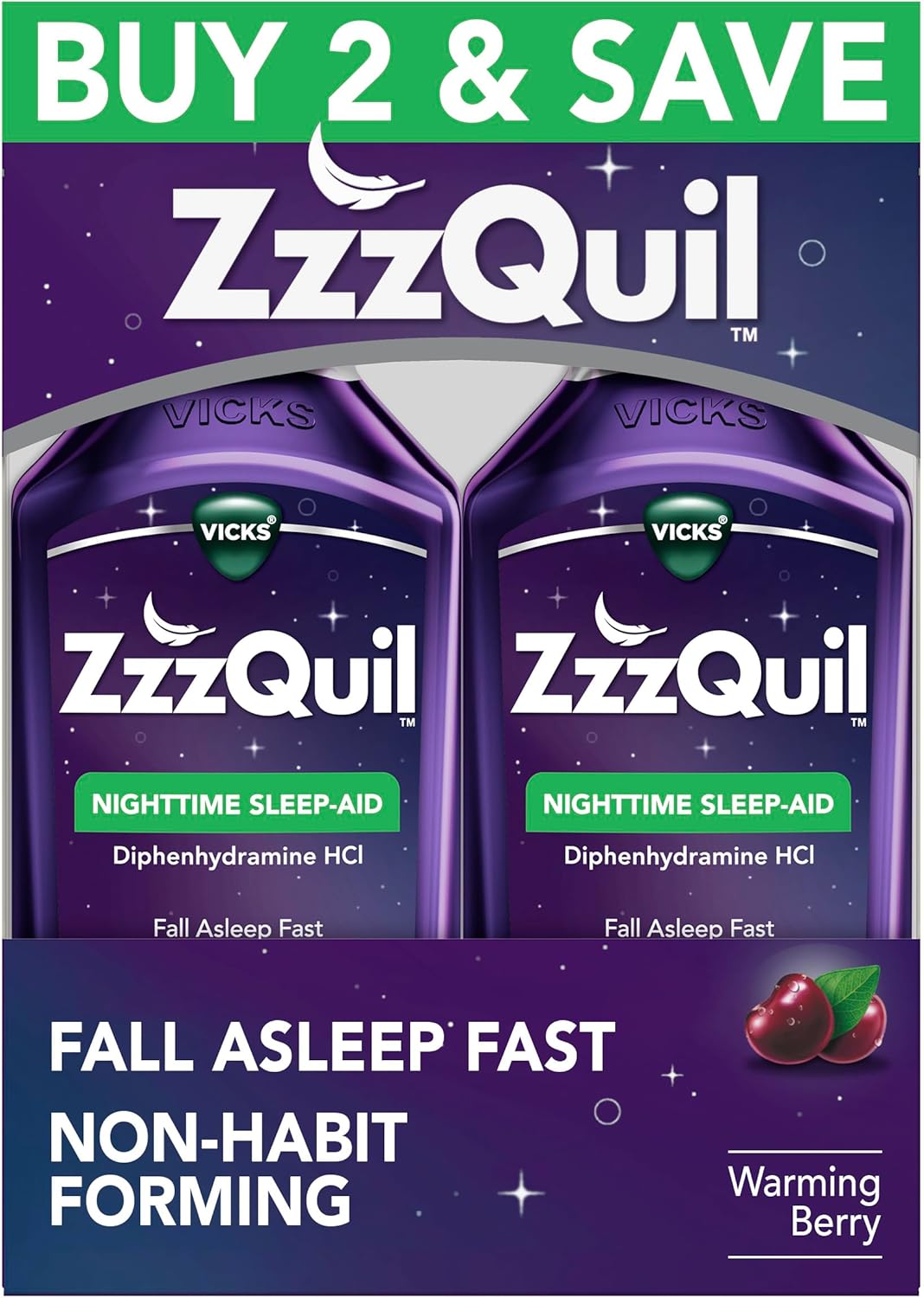 ZzzQuil, Sleep Aid, Nighttime Sleep Aid Liquid, 50 mg Diphenhydramine HCl, Fall Asleep Fast, Non-Habit Forming, Warming Berry Flavor, 12 FL OZ (Pack of 2)