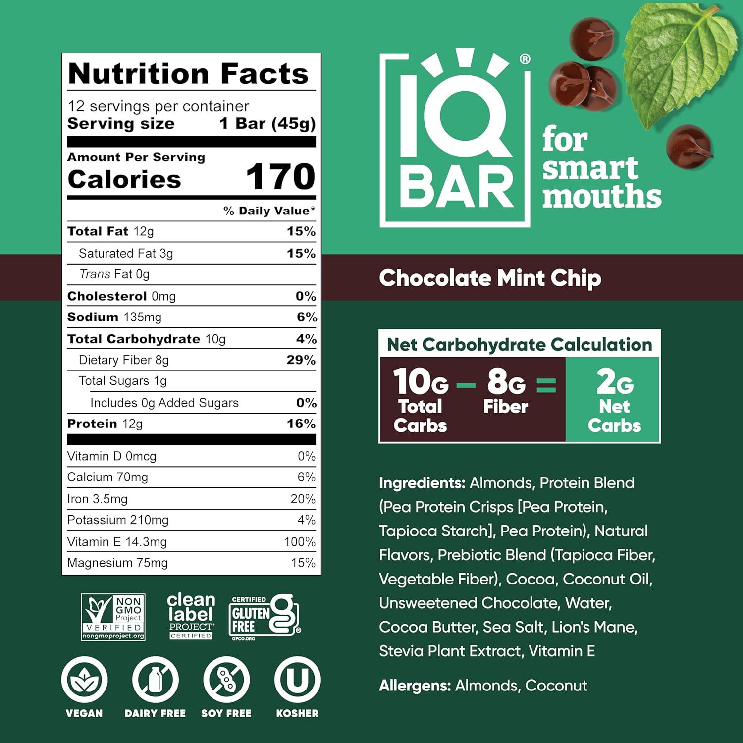 IQBAR Clean Plant Protein Bars - Chocolate Mint Chip - 12 Count - Keto, Vegan, High Fiber, Gluten and Dairy Free, Low Sugar Snack - Brain and Body Nutrients for Focus, Energy, Meal Replacement - Image 2