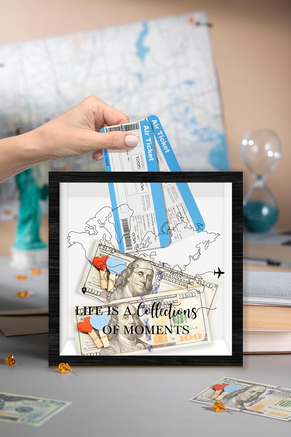 Black Travel Shadow Box Frame with Slot, Life is A Collections of Moments Boxes Frames for Fund, 8x8 Memory Box for Keepsakes, Travel Gifts and Decorations, 02 - Image 4