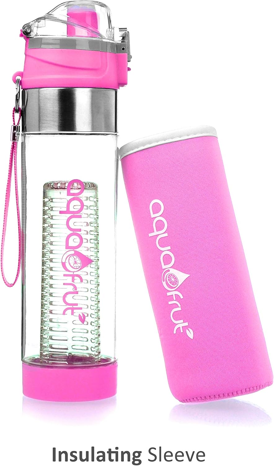 NEW AquaFrut Unique Bottom Loading Fruit Infuser Water Bottle Complete Bundle Includes Bottle Brush, Insulating Sleeve & Infusion Recipe eBook. Leak Proof Sweat Proof BPA-Free (Pink) - Image 6