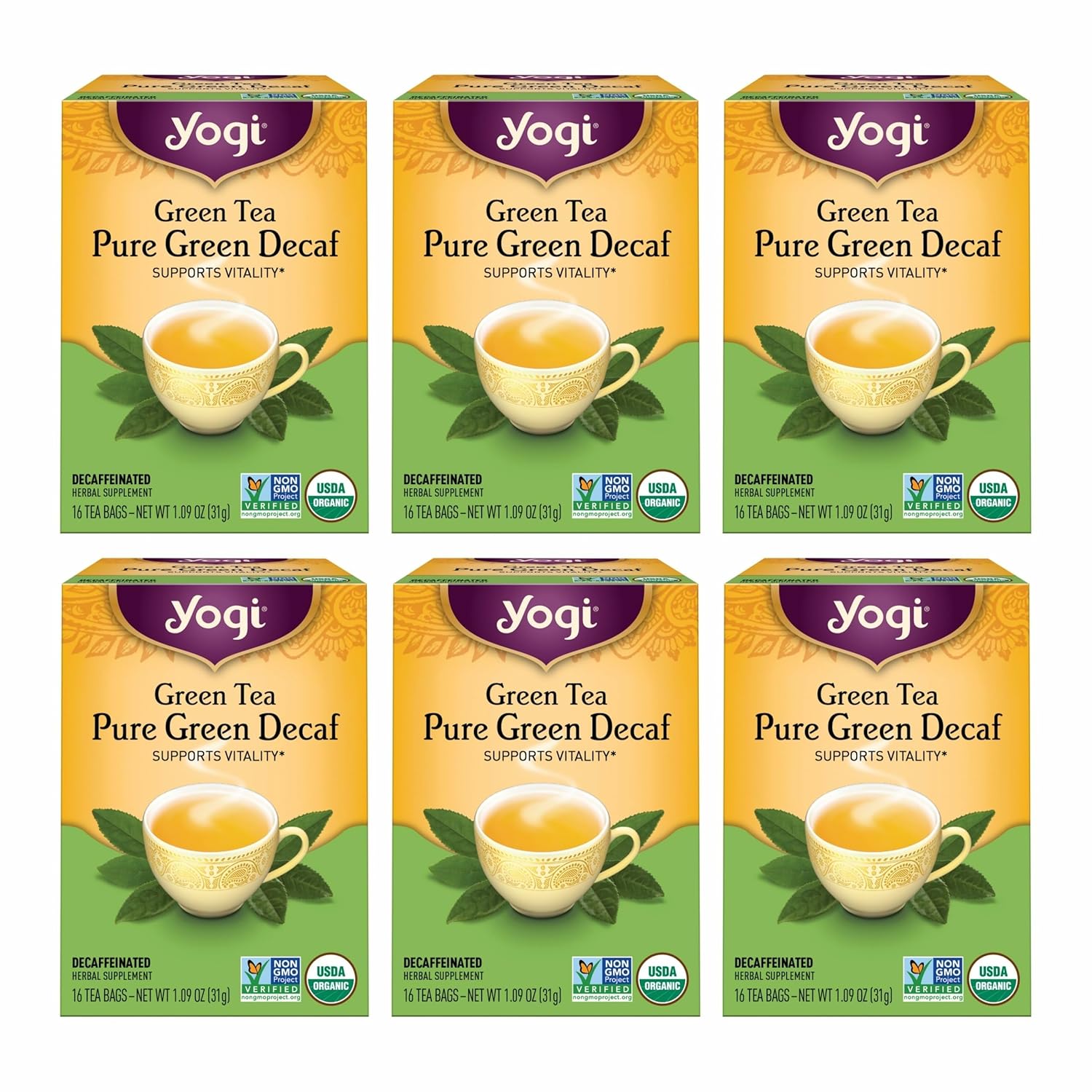 Yogi Tea - Green Tea Pure Green Decaf (6 Pack) - Supports Vitality - 96 Tea Bags