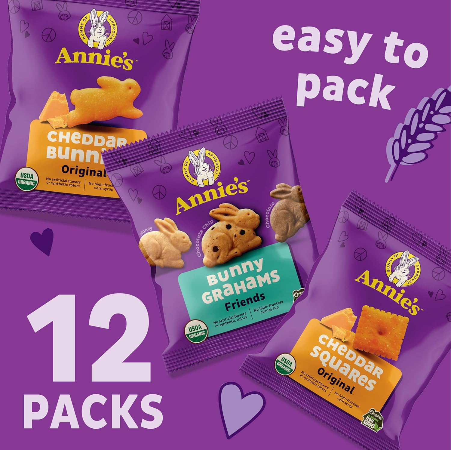 Annie's Organic Variety Pack, Cheddar Bunnies, Bunny Grahams and Cheddar Squares, 12 Pouches, 11 oz - Image 3