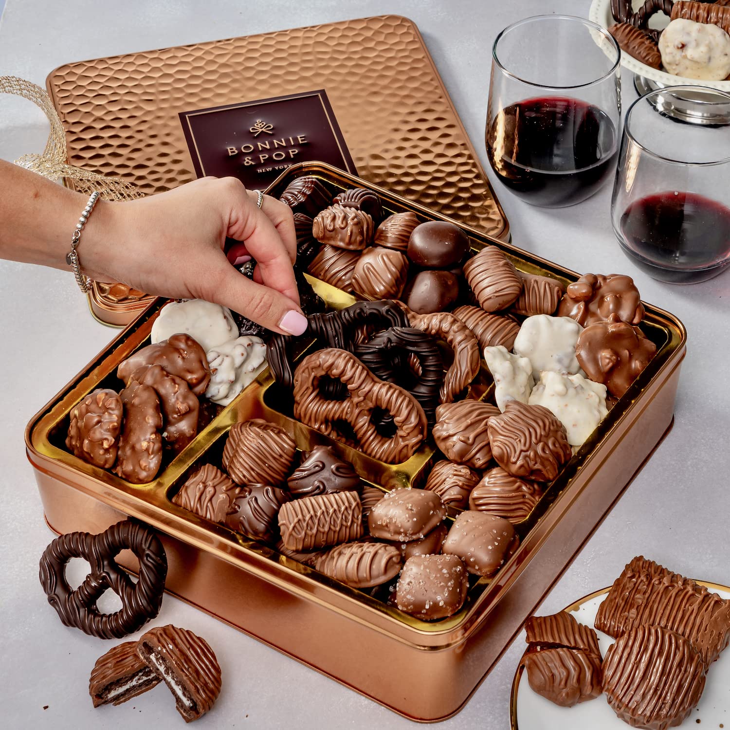 Chocolate Gift Basket, Gourmet Snack Food Box in Keepsake Tin, 2+ lbs of Chocolate, Great for Birthday, Sympathy, Family Parties & Get Well - Bonnie & Pop - Image 3