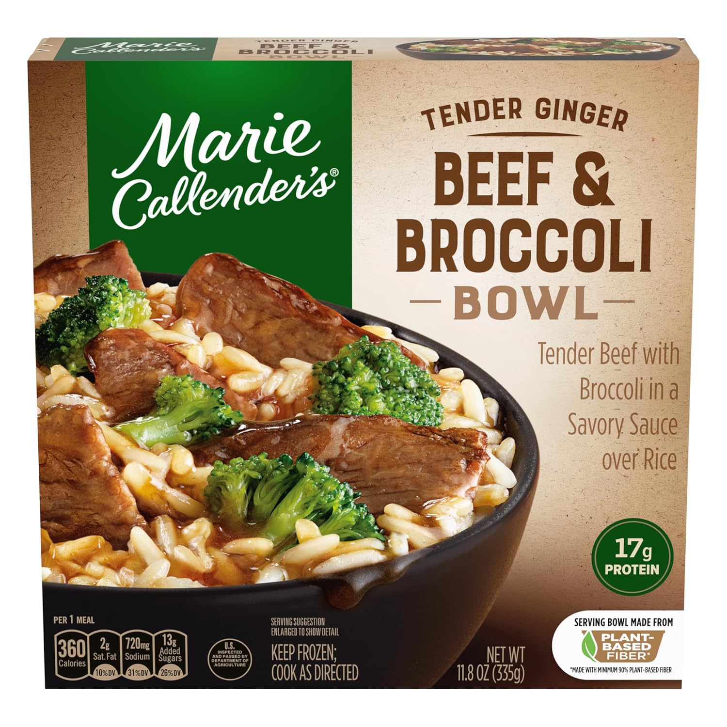 Marie Callender's Tender Ginger Beef and Broccoli Bowl, Convenient Oven or Microwave Meal with Beef and Rice, Frozen Meal, 11.8 OZ