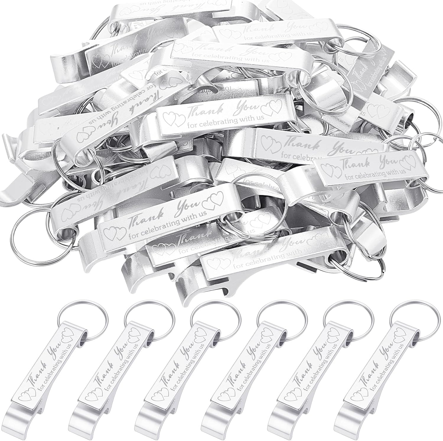 Dandat 100 Pcs Bottle Opener Keychain Bulk Personalized Thank You Wedding Favors for Guests Aluminum Wine Beer Opener Engraved Wedding Guest Gifts for Birthday Party Graduation Souvenirs(Silver)