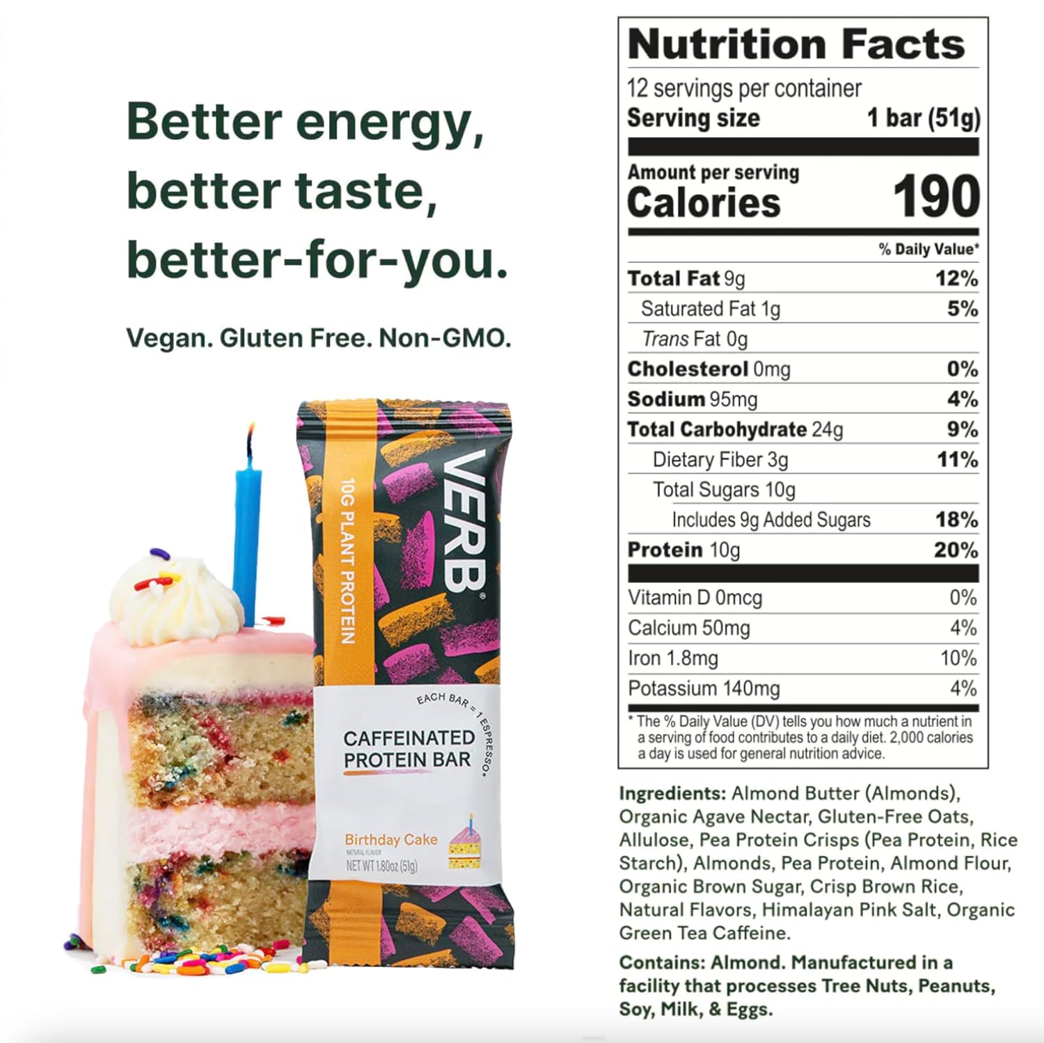 Verb Energy - Caffeinated Protein Bars Birthday Cake 10g Plant Based Protein Bars High Protein - Vegan Snack - Gluten Free Breakfast Snack with Organic Green Tea, 51g (Pack of 12) - Image 2