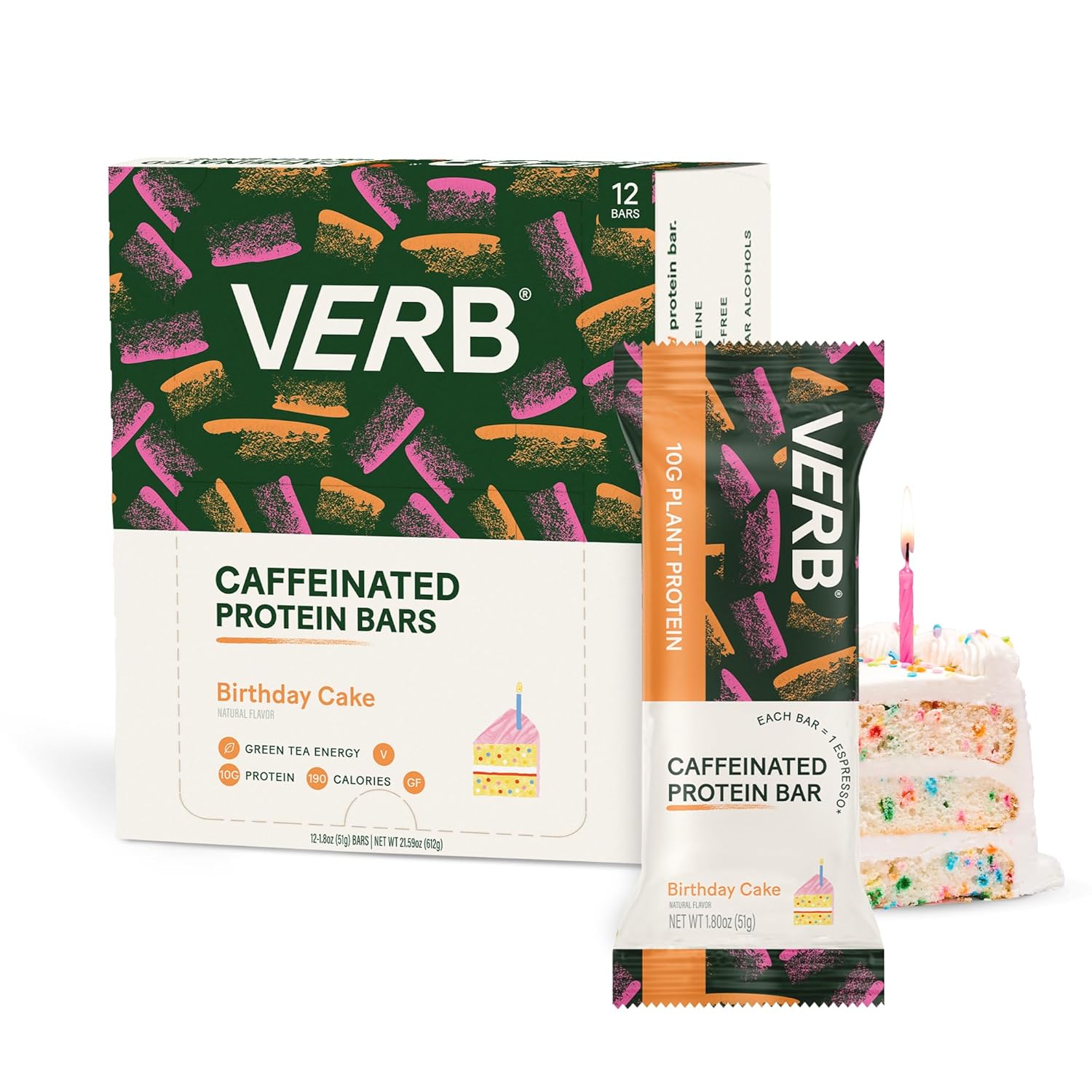 Verb Energy - Caffeinated Protein Bars Birthday Cake 10g Plant Based Protein Bars High Protein - Vegan Snack - Gluten Free Breakfast Snack with Organic Green Tea, 51g (Pack of 12)