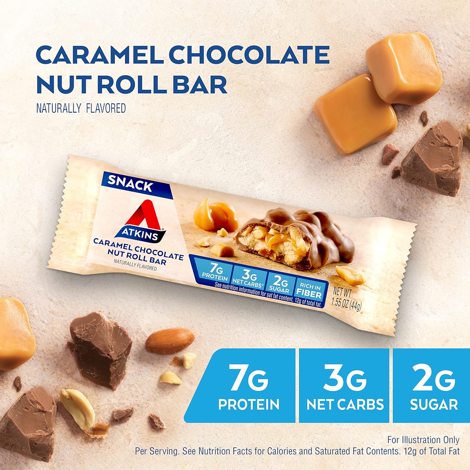 Atkins Caramel Chocolate Nut Roll Snack Bar, Protein Snack , 7g Protein, 2g Sugar, High Fiber Snack, 16 Count - Image 4