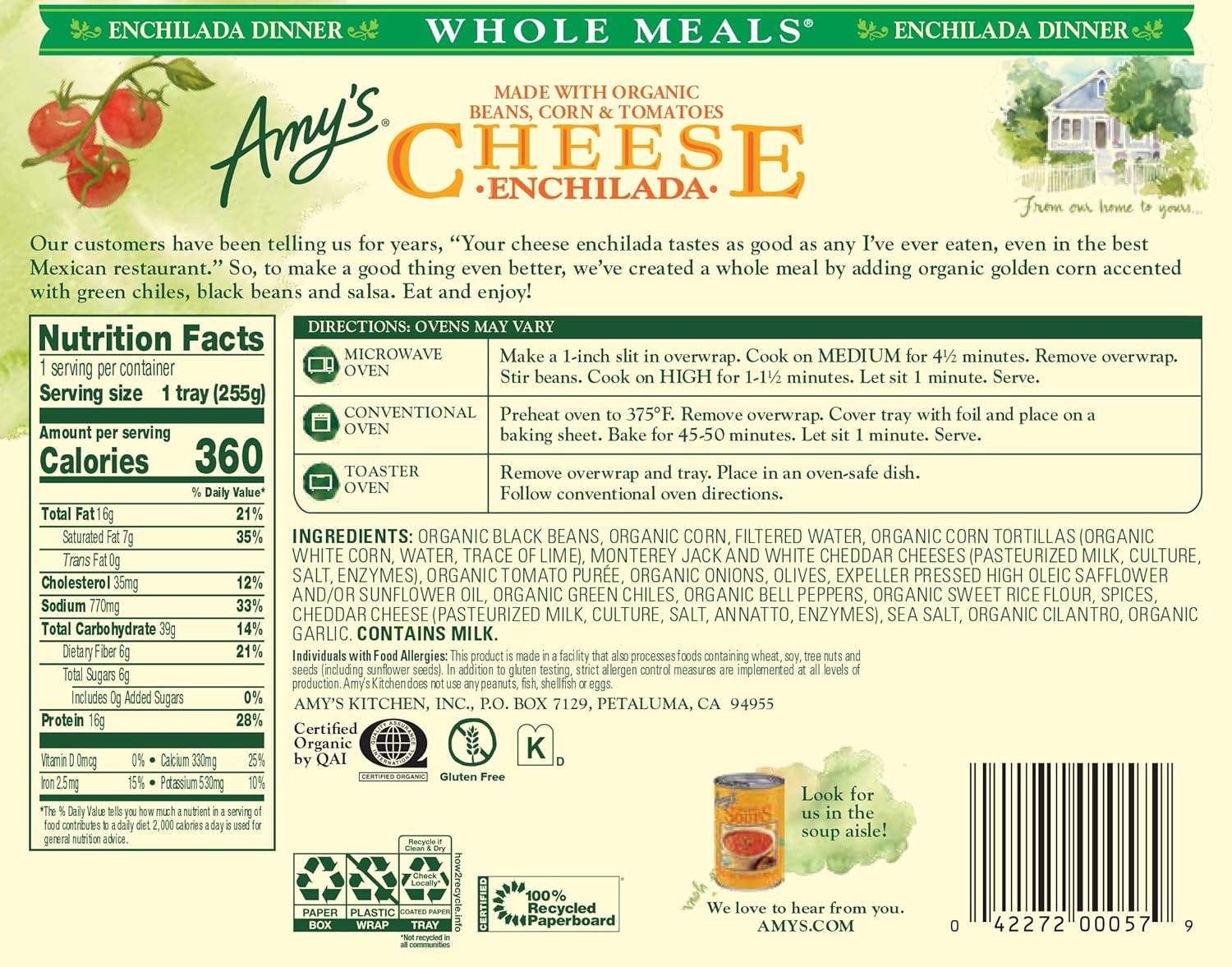 Amy's Frozen Meals, Cheese Enchilada Dinner with Black Beans and Corn, Gluten Free 9 oz. - Image 2