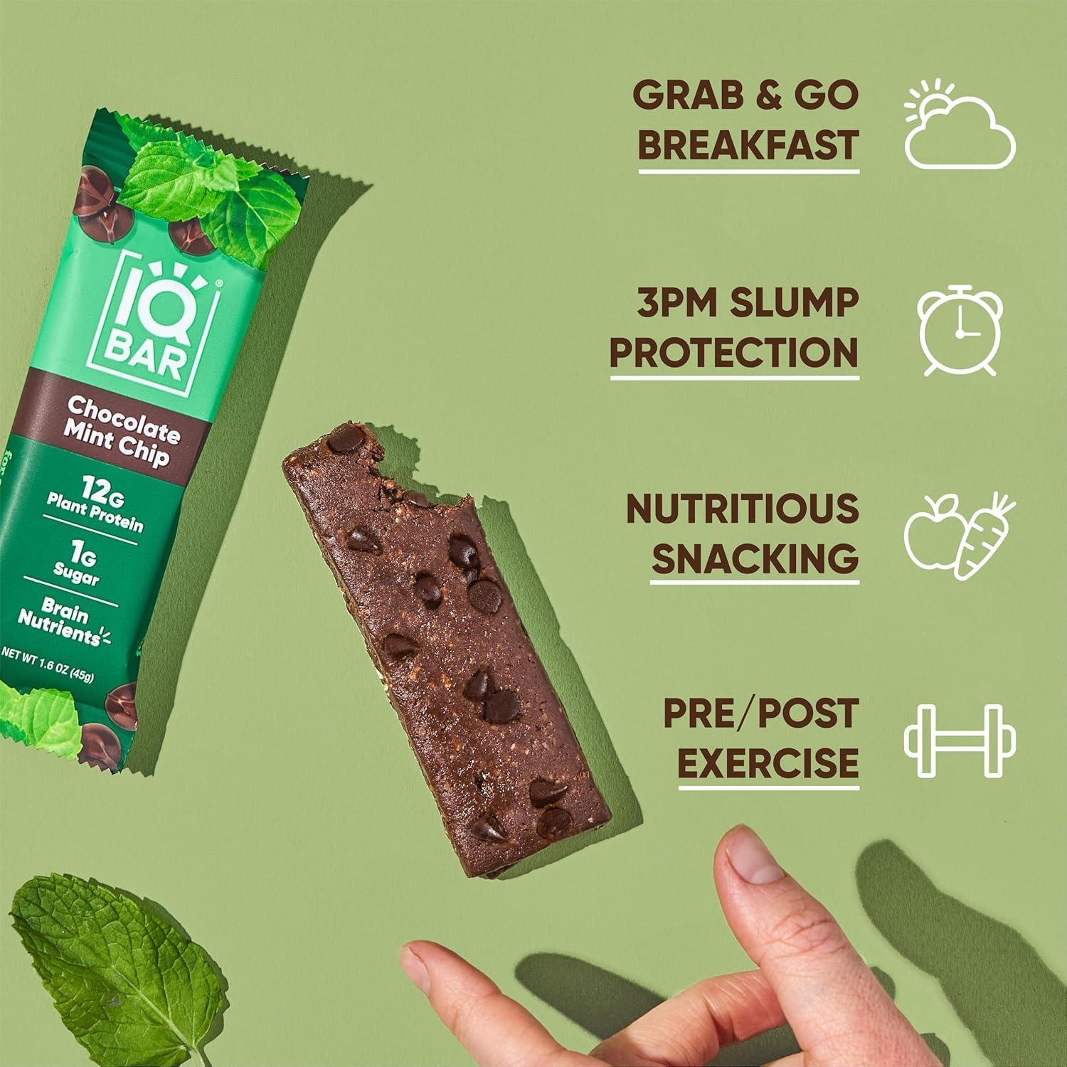 IQBAR Clean Plant Protein Bars - Chocolate Mint Chip - 12 Count - Keto, Vegan, High Fiber, Gluten and Dairy Free, Low Sugar Snack - Brain and Body Nutrients for Focus, Energy, Meal Replacement - Image 3