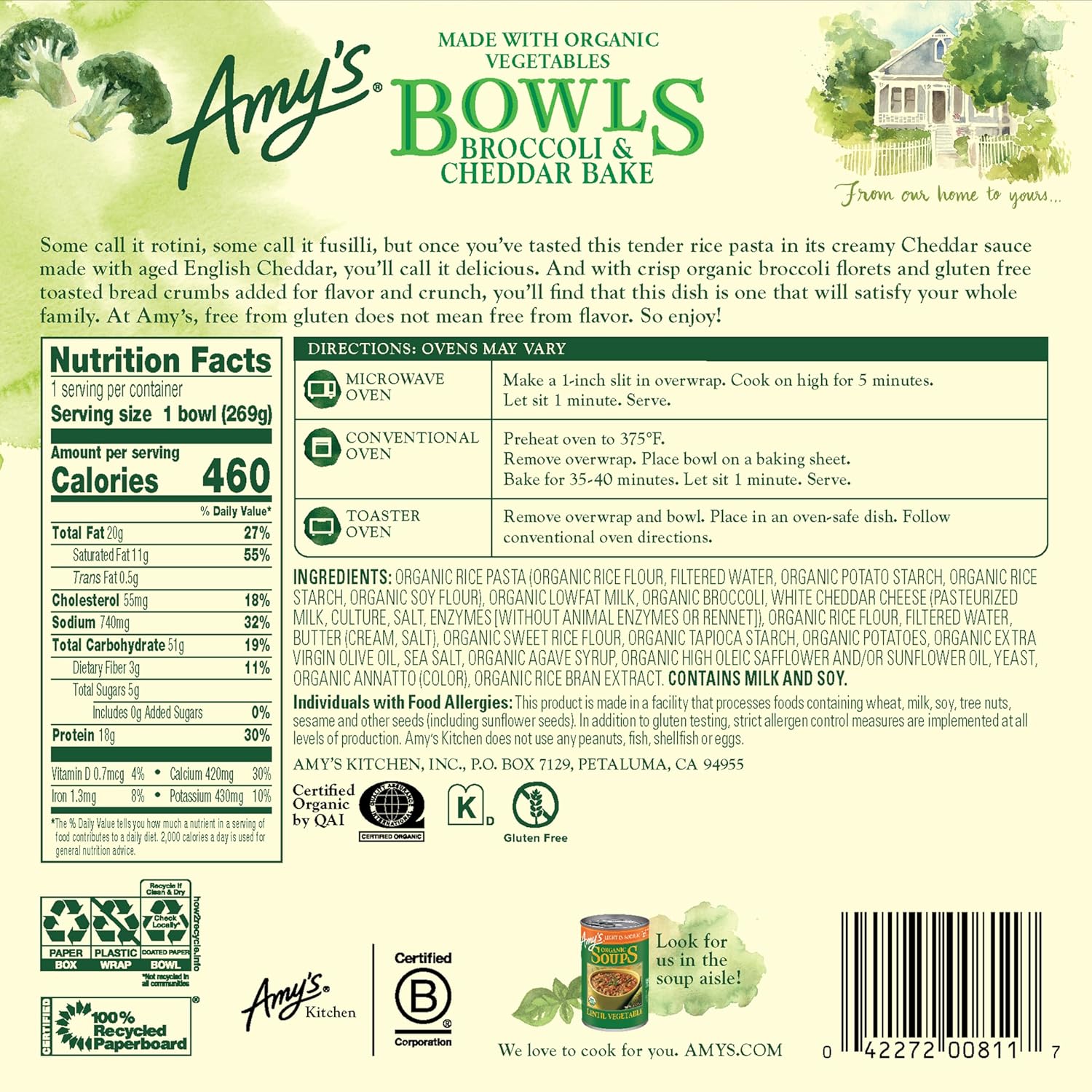 Amy's Frozen Meals, Pasta Bowl, Broccoli and Cheddar Cheese Bake, Gluten Free, 9.5 oz. - Image 2
