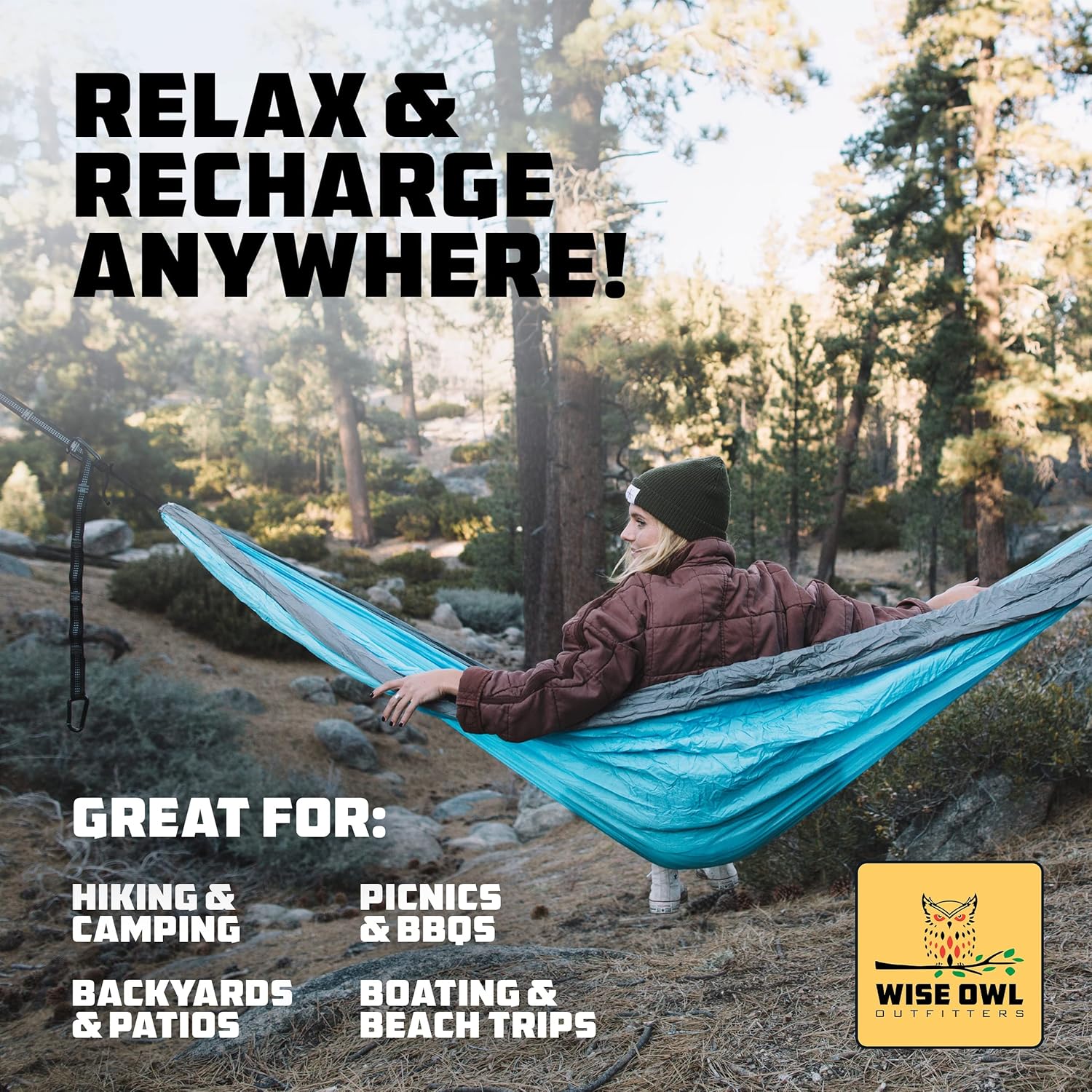 Wise Owl Outfitters Camping Hammock – 500lbs Portable Hammock with Tree Straps - Travel, Backpacking, Hiking, Outdoors Camping Gear - Single or Double - Image 6