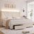 HITHOS Queen Upholstered LED Bed Frame with 2 Storage Drawers, Velvet Platform Bed with Wingback Headboard, Solid Wooden Slats Support, No Box Spring Needed, Headboard Splicing Design, Beige