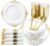 Nervure 350PCS Gold Plastic Plates – Gold Plastic Dinnerware Sets for 50 Guests – 100 Disposable Plates, 150 Silverware, 50 Cups, 50 Napkins for Wedding & Party