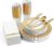FOCUSLINE 175 Count Gold Dinnerware Set for 25 Guests – Disposable Plastic Plates with Gold Grid, Includes 25 Dinner & Salad Plates, Cups, Napkins, Cutlery Set for Wedding Parties